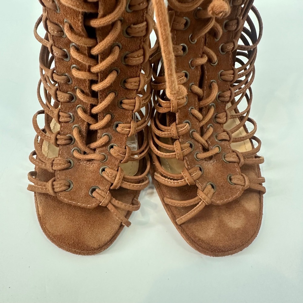 Schutz Brady Suede Leather Cage Lace Up Stacked High Heel Sandals Saddle 9B - Picture 7 of 10